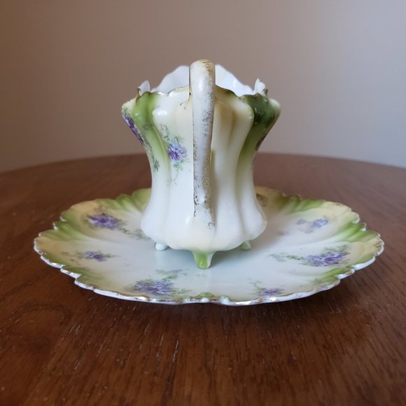 Antique RS Prussia Germany Purple Green Floral Gold Trim Footed Creamer & Saucer - Picture 3 of 8
